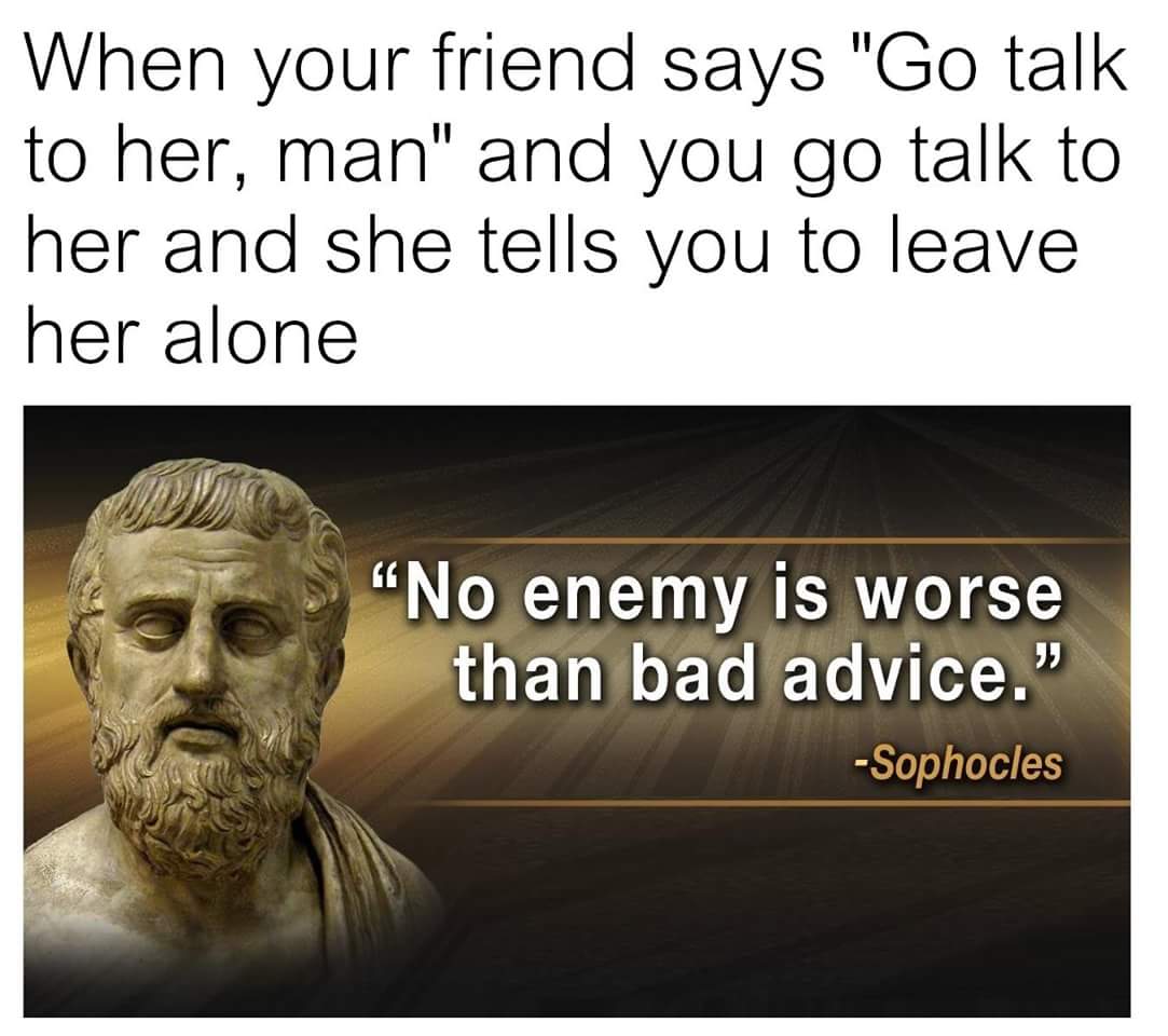 classical studies memes - When your friend says "Go talk to her, man" and you go talk to her and she tells you to leave her alone "No enemy is worse than bad advice." Sophocles
