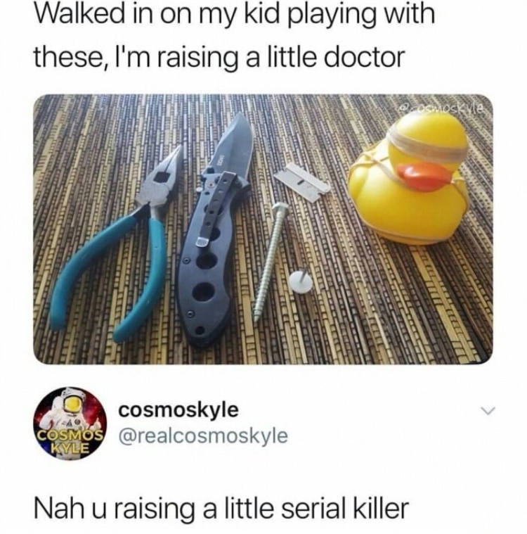serial killer memes - Walked in on my kid playing with these, I'm raising a little doctor cosmoskyle Cosmos Kyle Nah u raising a little serial killer