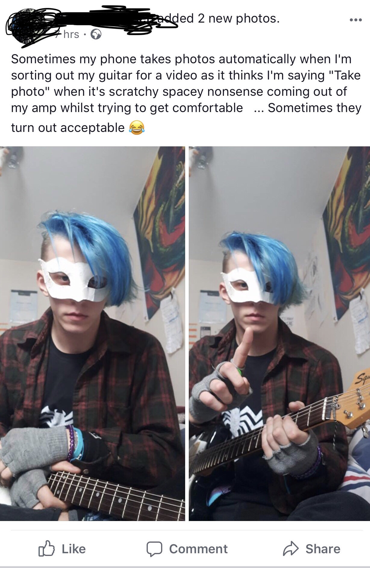 a boy with blue hair playing the guitar into his webcam with the text 'sometimes my phone takes photos automatically when i'm sorting out my guitar for a video as it thinks i'm saying 'take photo' when its scratchy spacey nonsense coming out of my amp whi