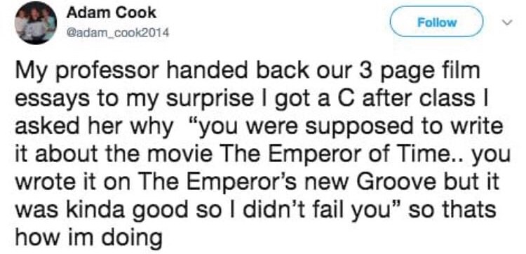 very legal and very cool tweet - Adam Cook Qadam_cook2014 My professor handed back our 3 page film essays to my surprise I got a C after class | asked her why "you were supposed to write it about the movie The Emperor of Time.. you wrote it on The Emperor