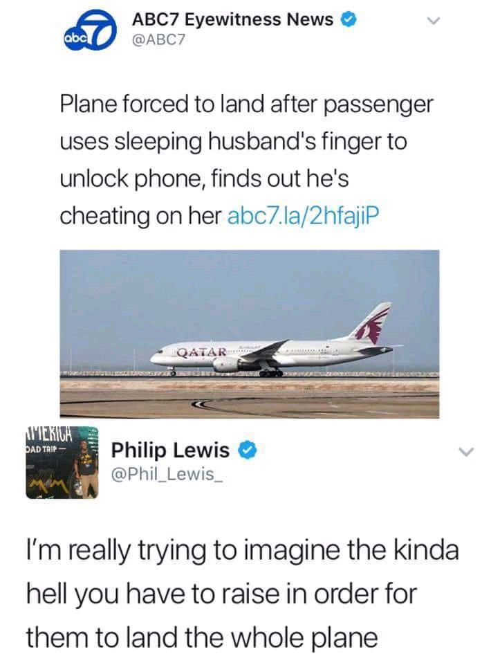 things to make you laugh really hard - ABC7 Eyewitness News abc Plane forced to land after passenger uses sleeping husband's finger to unlock phone, finds out he's cheating on her abc7.la2hfajip Qatar Meriva Dad Trip Philip Lewis I'm really trying to imag
