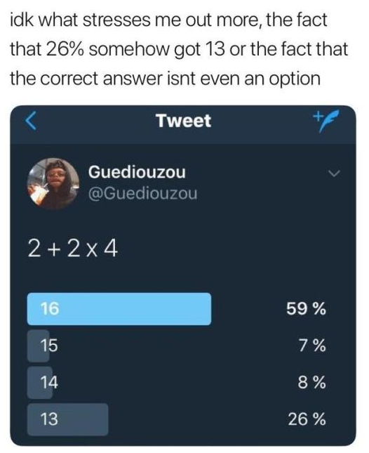 2 2x4 meme - idk what stresses me out more, the fact that 26% somehow got 13 or the fact that the correct answer isnt even an option Tweet Guediouzou 2 2x4 59% 7% 8% 26 %