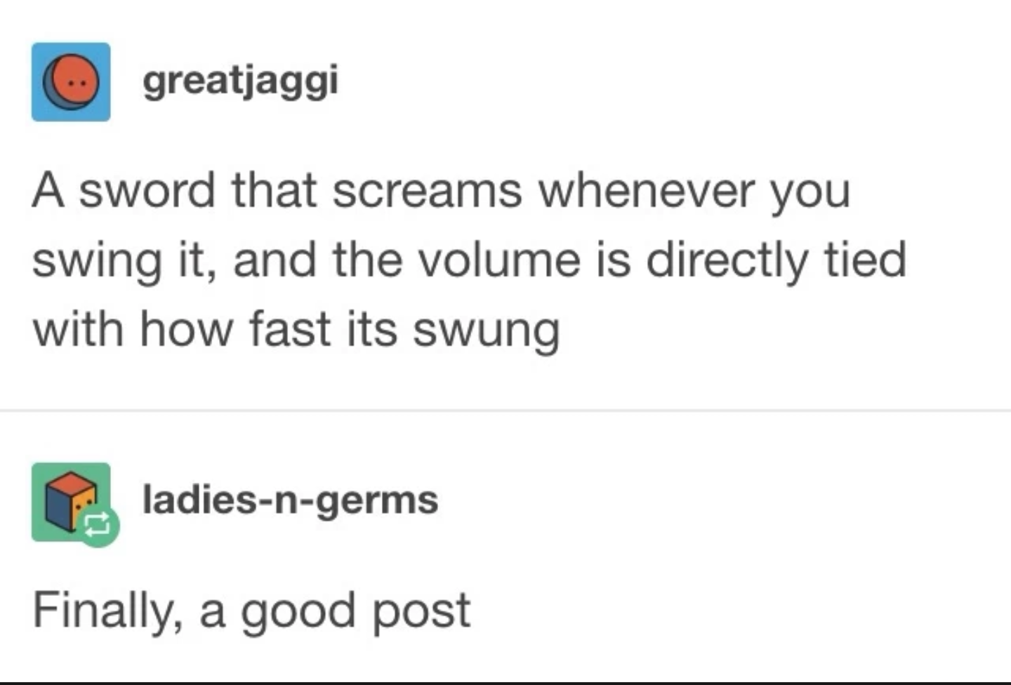 black clover text post - greatjaggi A sword that screams whenever you swing it, and the volume is directly tied with how fast its swung ladiesngerms Finally, a good post
