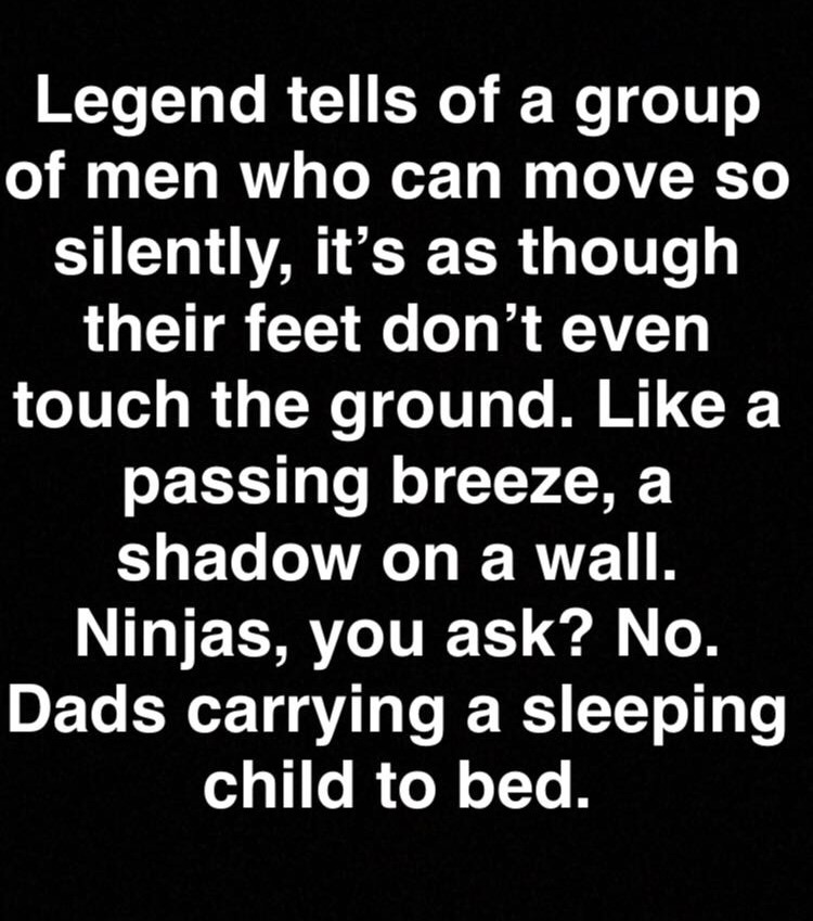 monochrome - Legend tells of a group of men who can move so silently, it's as though their feet don't even touch the ground. a passing breeze, a shadow on a wall. Ninjas, you ask? No. Dads carrying a sleeping child to bed.