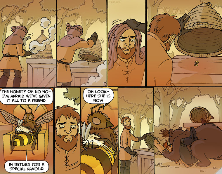 oglaf comic - The Honey? Oh No No I'M Afraid We'Ve Given It All To A Friend Oh Look Here She Is Now In Return For A Special Favour
