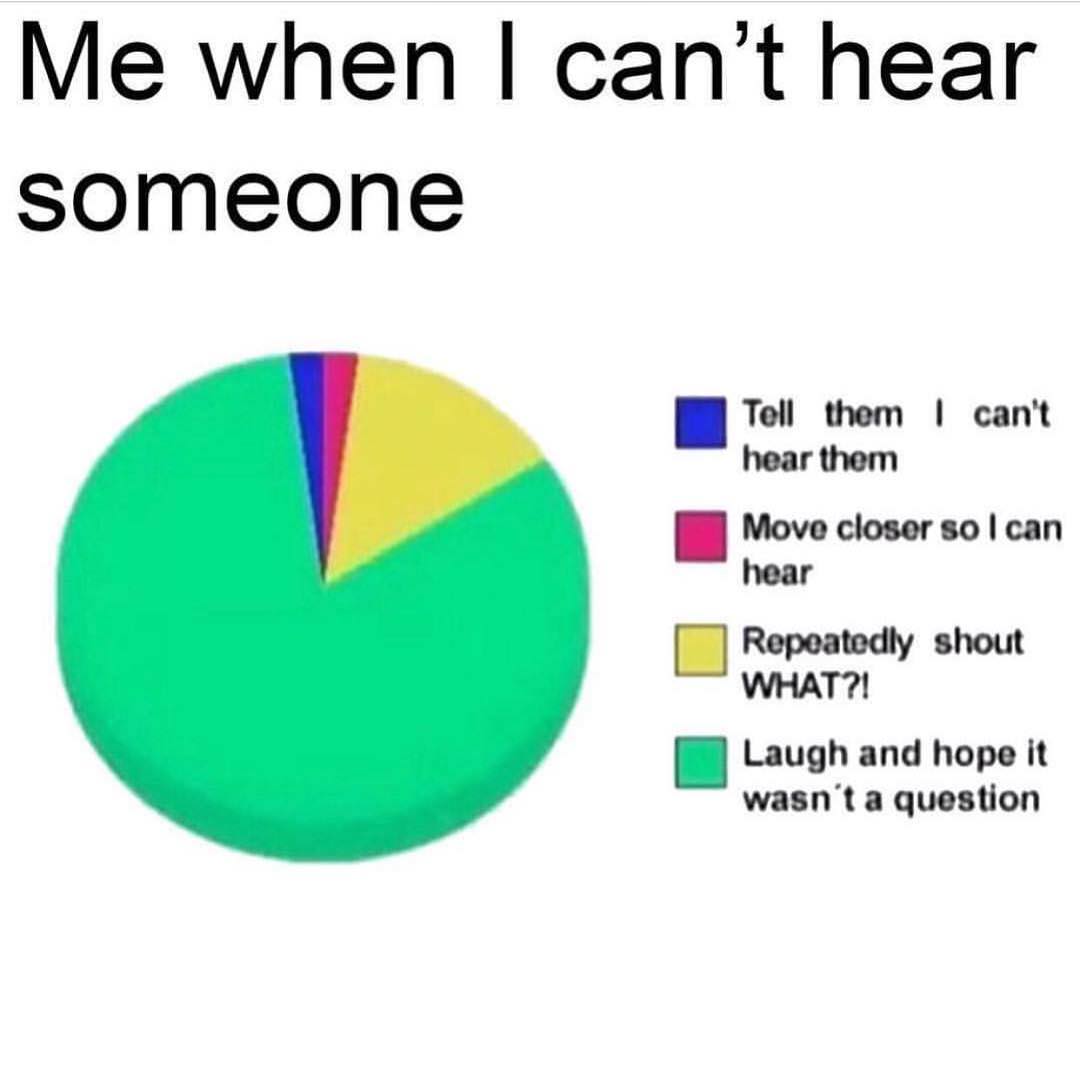 pie chart memes - Me when I can't hear someone Tell them I can't hear them Move closer so I can hear Repeatedly shout What?! Laugh and hope it wasn't a question