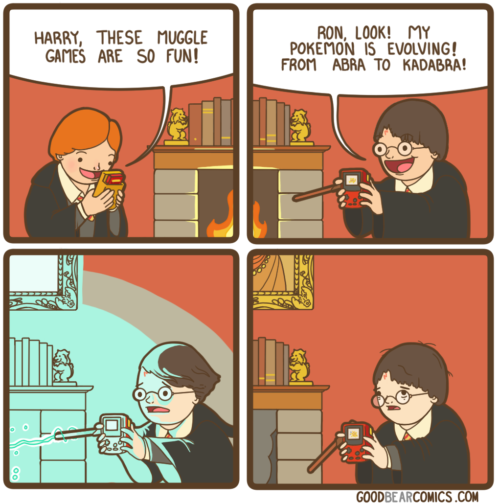 harry potter comic - Harry, These Muggle Games Are So Fun! Ron, Look! My Pokemon Is Evolving! From Abra To Kadabra! O Goodbe Arcomics.Com