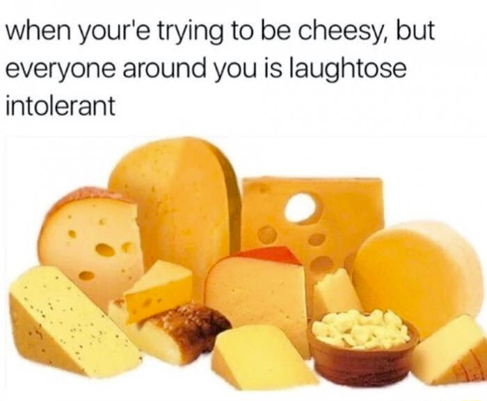 you re trying to be cheesy - when your'e trying to be cheesy, but everyone around you is laughtose intolerant