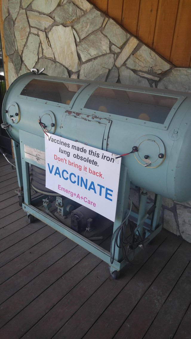 vehicle - Vaccines made this iron lung obsolete. Don't bring it back. Donng obse this iro Vaccinate EmergACare