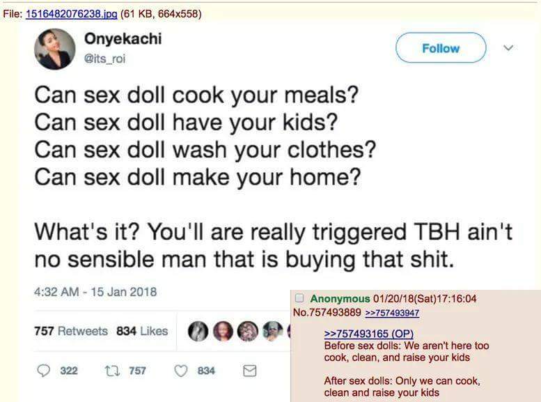 sex doll mgtow - File 1516482076238.jpg 61 Kb, 664x558 Onyekachi Can sex doll cook your meals? Can sex doll have your kids? Can sex doll wash your clothes? Can sex doll make your home? What's it? You'll are really triggered Tbh ain't no sensible man that 