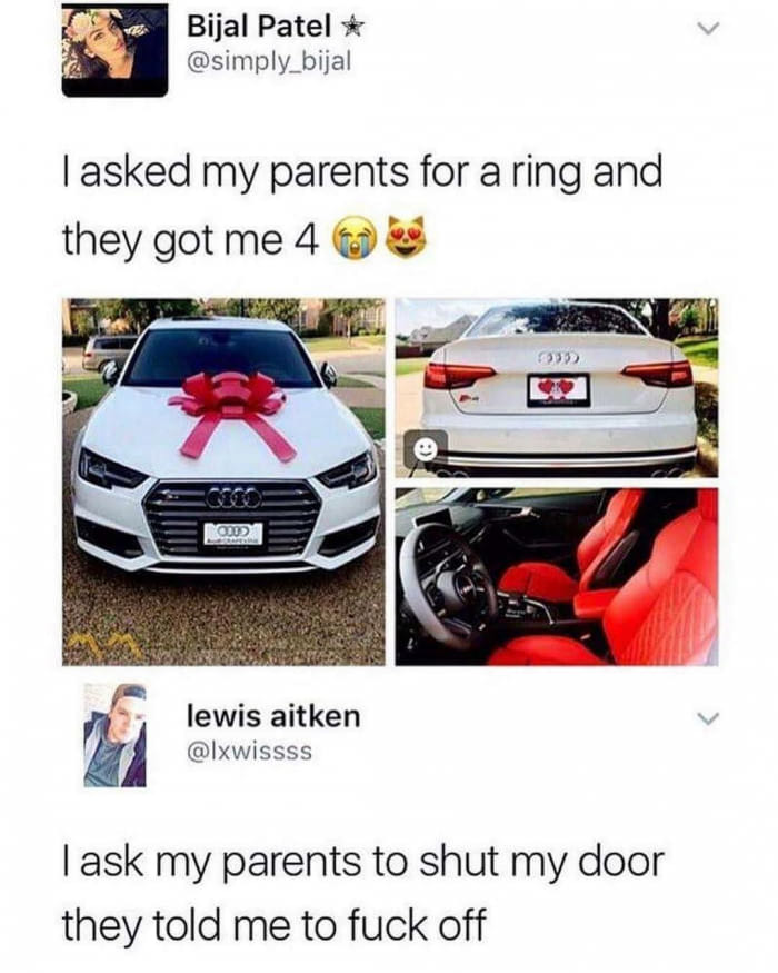 asked my parents for a ring - Bijal Patel Tasked my parents for a ring and they got me 4 2 Loid lewis aitken Task my parents to shut my door they told me to fuck off
