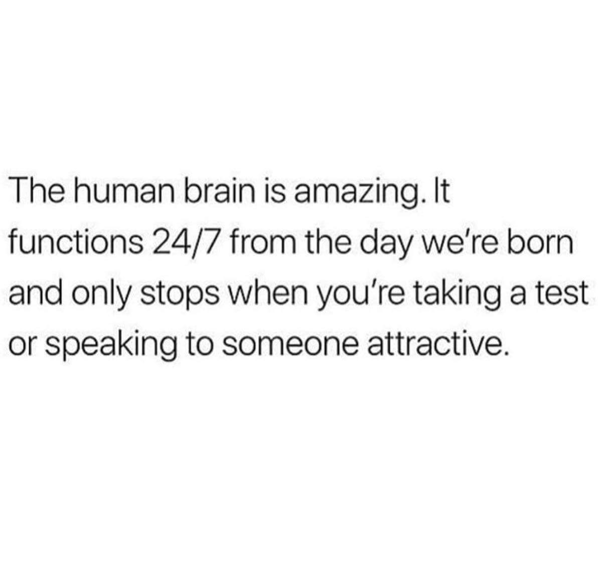 shoutout to myself quotes - The human brain is amazing. It functions 247 from the day we're born and only stops when you're taking a test or speaking to someone attractive.