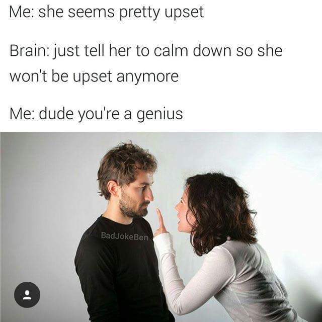 told her to calm down - Me she seems pretty upset Brain just tell her to calm down so she won't be upset anymore Me dude you're a genius BadJokeBen