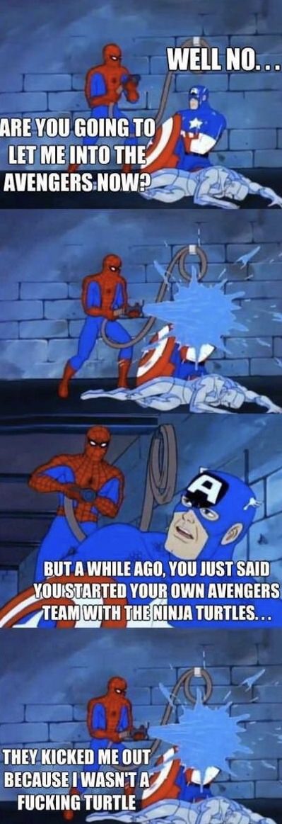 avengers spider man funny - Well No... Are You Going To Let Me Into The Avengers Now? But A While Ago, You Just Said Youistarted Your Own Avengers Team With The Ninja Turtles... They Kicked Me Out Because I Wasn'T A Fucking Turtle