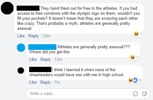 screenshot - They hand them out for free to the athletes. If you had access to free condoms with the olympic logo on them, wouldn't you fill your pockets? It doesn't mean that they are screwing each other crazy. That's probably a myth, athletes are genera