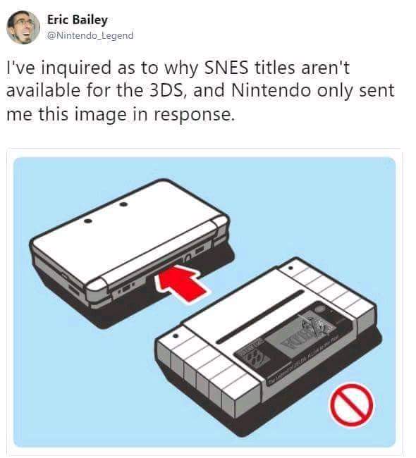 snes game 3ds - Eric Bailey I've inquired as to why Snes titles aren't available for the 3DS, and Nintendo only sent me this image in response.