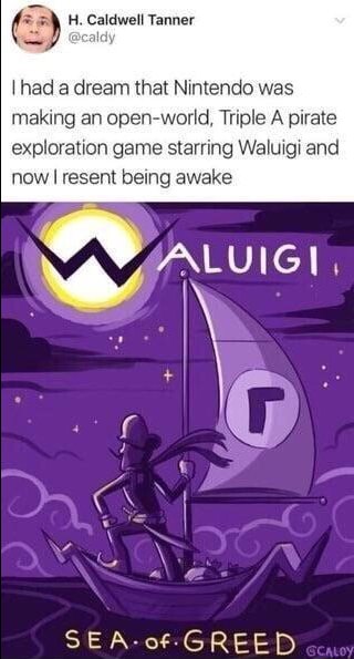 waluigi pirate game - H. Caldwell Tanner I had a dream that Nintendo was making an openworld, Triple A pirate exploration game starring Waluigi and now I resent being awake Aluigi Sea.of. Greed Scaloy