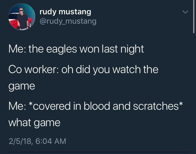 eagles won meme - rudy mustang Me the eagles won last night Co worker oh did you watch the game Me covered in blood and scratches what game 2518,