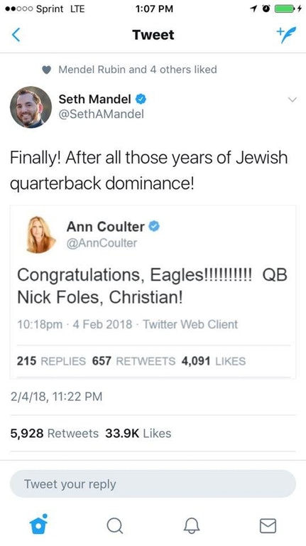 christians vs jews reddit - ..000 Sprint Lte Tweet Mendel Rubin and 4 others d Seth Mandel Finally! After all those years of Jewish quarterback dominance! Ann Coulter Congratulations, Eagles!!!!!!!!!! Qb Nick Foles, Christian! pm. . Twitter Web Client 215