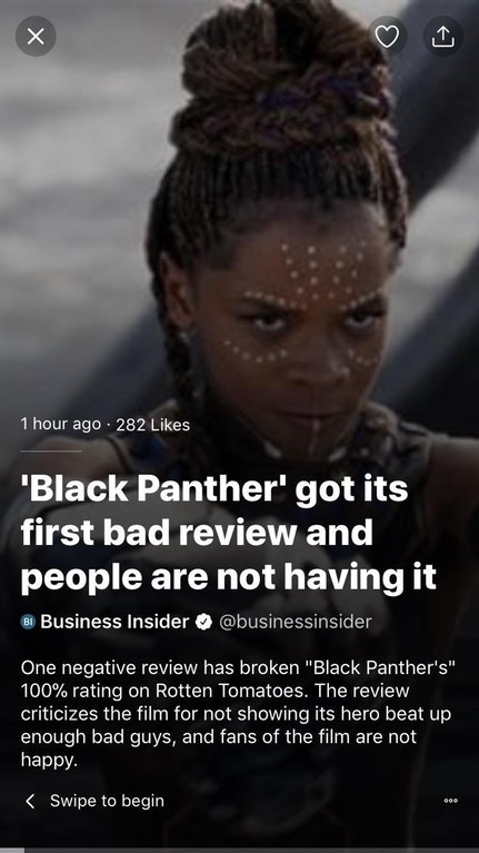 hairstyle - 1 hour ago. 282 "Black Panther' got its first bad review and people are not having it @ Business Insider One negative review has broken "Black Panther's" 100% rating on Rotten Tomatoes. The review criticizes the film for not showing its hero b
