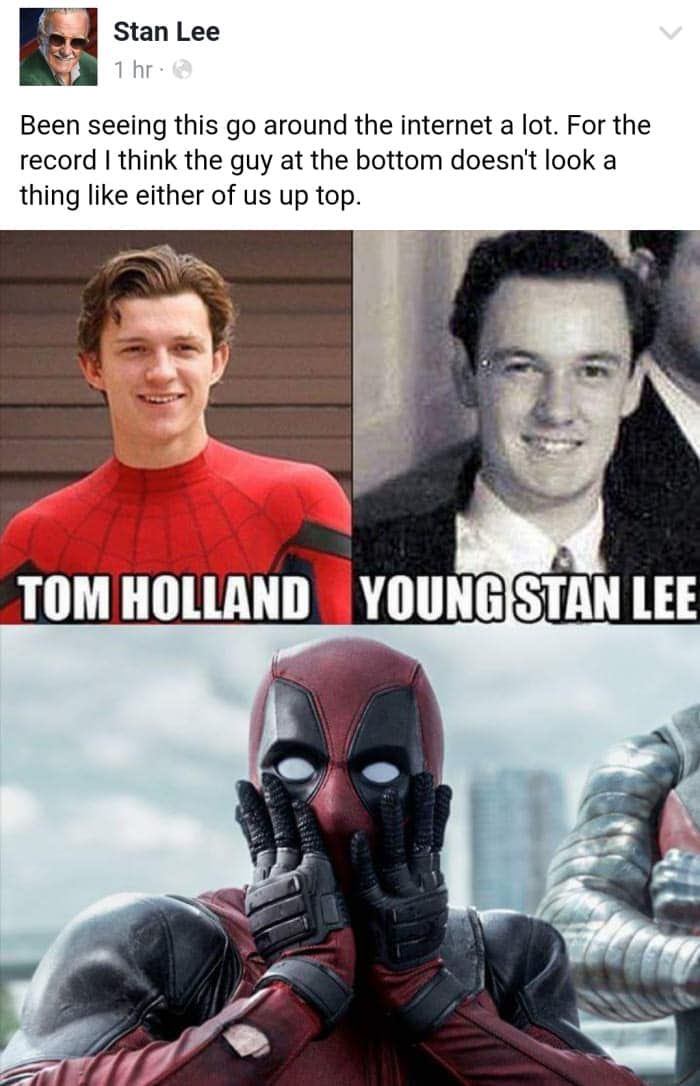 young stan lee tom holland - Stan Lee 1 hr. Been seeing this go around the internet a lot. For the record I think the guy at the bottom doesn't look a thing either of us up top. Tom Holland Young Stan Lee