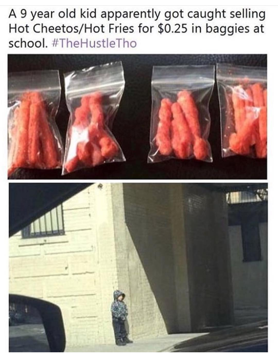 kid selling cheetos at school - A 9 year old kid apparently got caught selling Hot CheetosHot Fries for $0.25 in baggies at school. Tho
