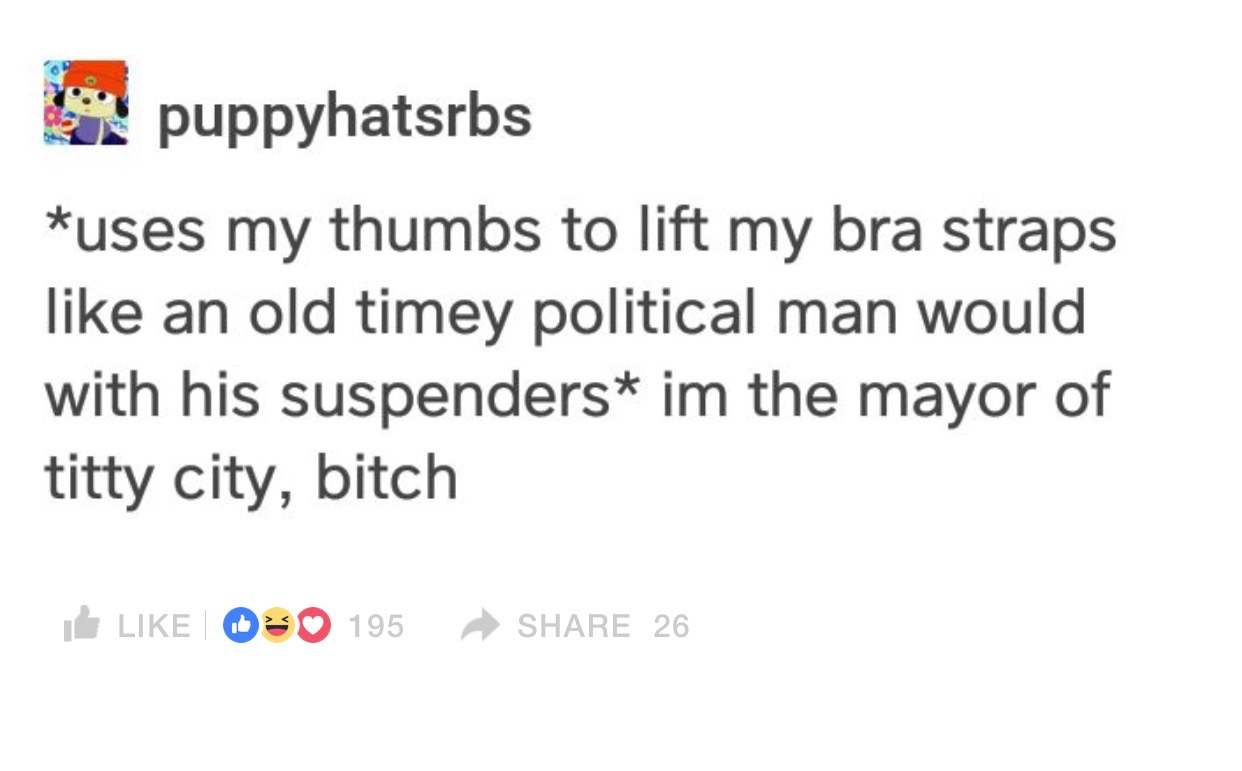 mayor of titty city meme - puppyhatsrbs uses my thumbs to lift my bra straps an old timey political man would with his suspenders im the mayor of titty city, bitch L 195 26