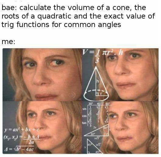 math lady meme - bae calculate the volume of a cone, the roots of a quadratic and the exact value of trig functions for common angles me 1 77. wisni sana y ax b c x,x b 4 4ac Za 2a