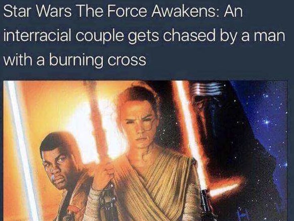 force awakens teaser poster - Star Wars The Force Awakens An interracial couple gets chased by a man with a burning cross