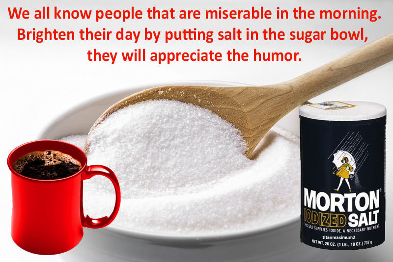 cup - We all know people that are miserable in the morning. Brighten their day by putting salt in the sugar bowl, they will appreciate the humor. Morton Odized Salt Wues Iodide, A Necessary Nute titanmaximum2 Ret Wt. 26 Oz. 1 Lb., 10 02. 7379