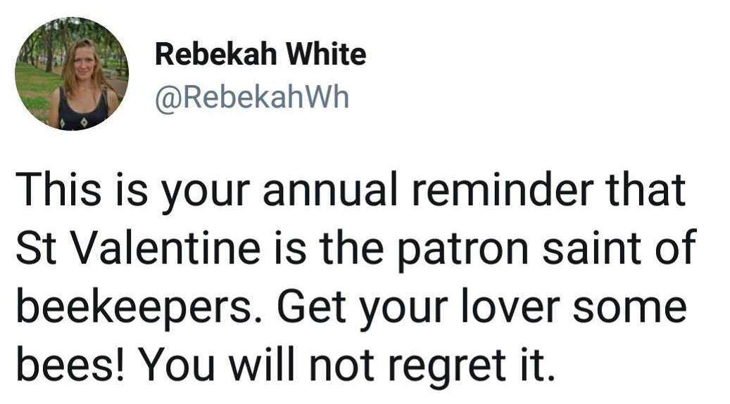 Rebekah White This is your annual reminder that St Valentine is the patron saint of beekeepers. Get your lover some bees! You will not regret it.