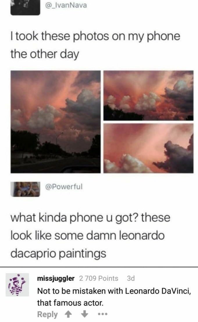 leonardo dacaprio painting meme imgur - Nava I took these photos on my phone the other day what kinda phone u got? these look some damn leonardo dacaprio paintings missjuggler 2 709 Points 3d Not to be mistaken with Leonardo DaVinci, that famous actor. ..