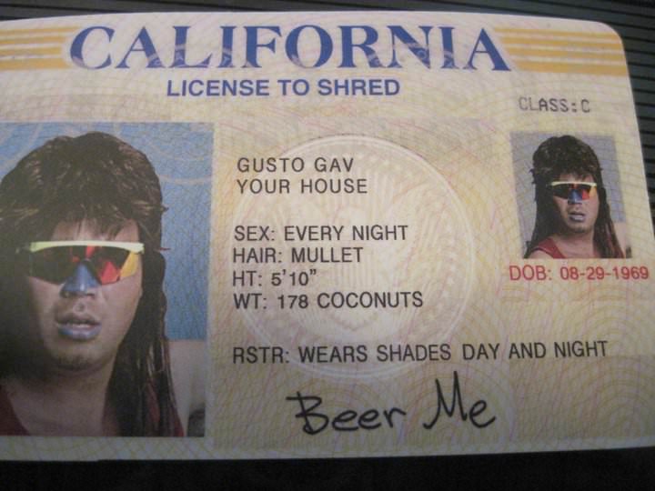 license to shred - California License To Shred ClassC Gusto Gav Your House Sex Every Night Hair Mullet Ht 5'10" Wt 178 Coconuts Dob 08291969 Rstr Wears Shades Day And Night Beer Me