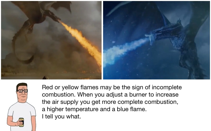 blue flame game of thrones - Red or yellow flames may be the sign of incomplete combustion. When you adjust a burner to increase the air supply you get more complete combustion, a higher temperature and a blue flame. I tell you what.