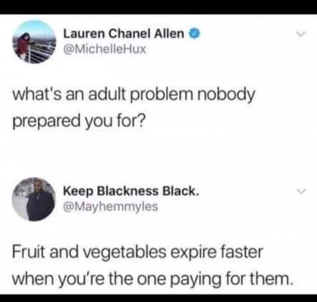 diagram - Lauren Chanel Allen what's an adult problem nobody prepared you for? Keep Blackness Black. Fruit and vegetables expire faster when you're the one paying for them.