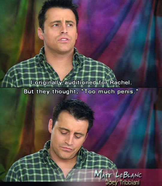 friends meme - I originally auditioned for Rachel. But they thought, "Too much penis." Matt Leblanc Joey Tribbiani