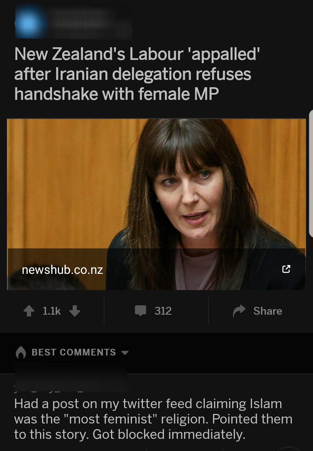 photo caption - New Zealand's Labour 'appalled' after Iranian delegation refuses handshake with female Mp newshub.co.nz 312 Best Had a post on my twitter feed claiming Islam was the "most feminist" religion. Pointed them to this story. Got blocked immedia
