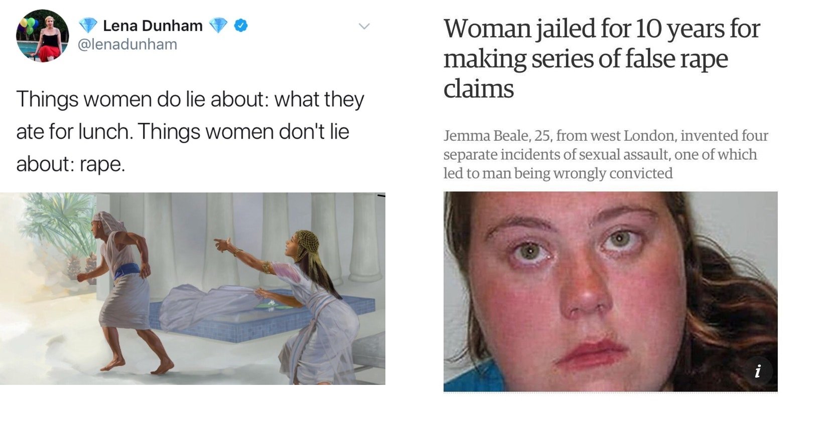 jaw - Lena Dunham Woman jailed for 10 years for making series of false rape claims Things women do lie about what they ate for lunch. Things women don't lie about rape. Jemma Beale, 25, from west London, invented four separate incidents of sexual assault,