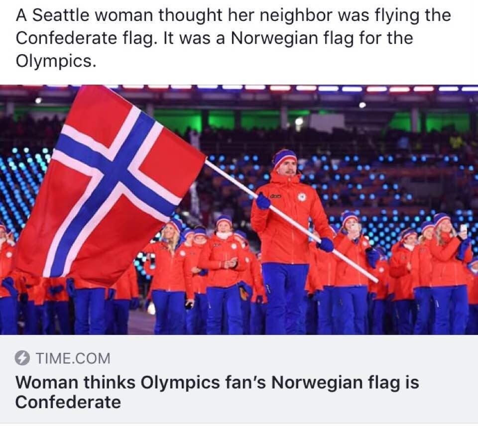 flag - A Seattle woman thought her neighbor was flying the Confederate flag. It was a Norwegian flag for the Olympics. Time.Com Woman thinks Olympics fan's Norwegian flag is Confederate