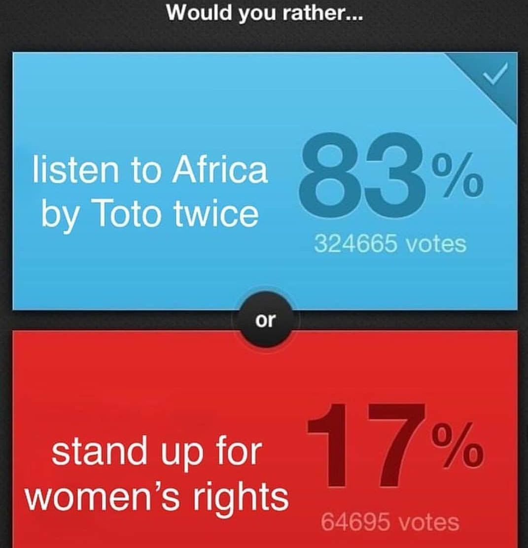 listen to africa by toto twice - Would you rather... listen to Africa by Toto twice O % 324665 votes stand up for women's rights 64695 votes