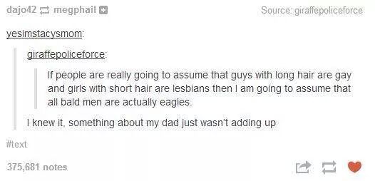 dad posts - dajo42 megphail Source giraffe policeforce yesimstacysmom giraffepoliceforce If people are really going to assume that guys with long hair are gay and girls with short hair are lesbians then I am going to assume that all bald men are actually 