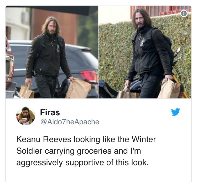 keanu reeves doing things - Firas Apache Keanu Reeves looking the Winter Soldier carrying groceries and I'm aggressively supportive of this look.