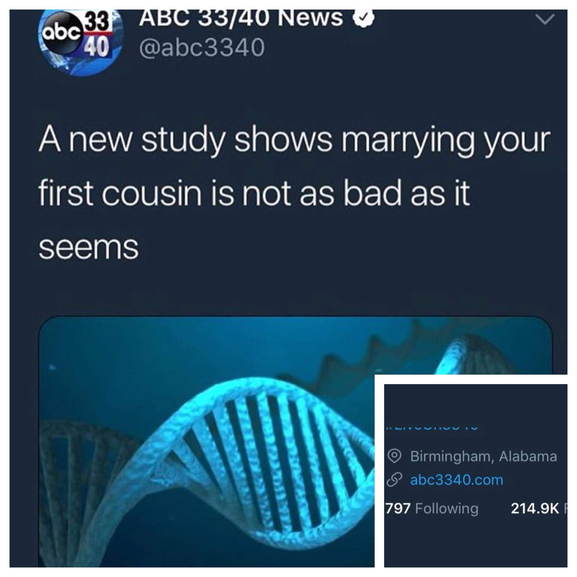 marrying your first cousin isn t as bad as it seems - 33 Abc 3340 News 100c40 A new study shows marrying your first cousin is not as bad as it seems Birmingham, Alabama Sabc3340.com 797 ing