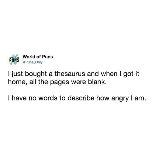 Pun - BWLWorld of Puns Pums Only I just bought a thesaurus and when I got it home, all the pages were blank. I have no words to describe how angry I am.