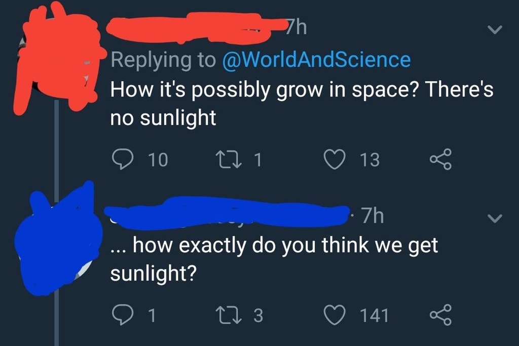 Humour - How it's possibly grow in space? There's no sunlight 0 10 221 13 g 7h ... how exactly do you think we get sunlight? o 22 3 141 8