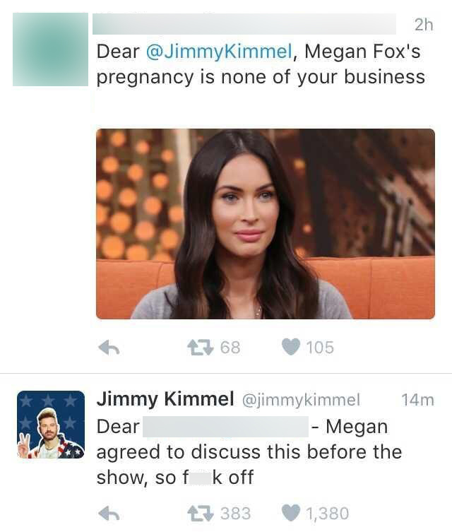 people who got called out for lying - 2h Dear Kimmel, Megan Fox's pregnancy is none of your business 6 23 68 105 Jimmy Kimmel 14m Dear Megan agreed to discuss this before the show, so f k off 383 1,380