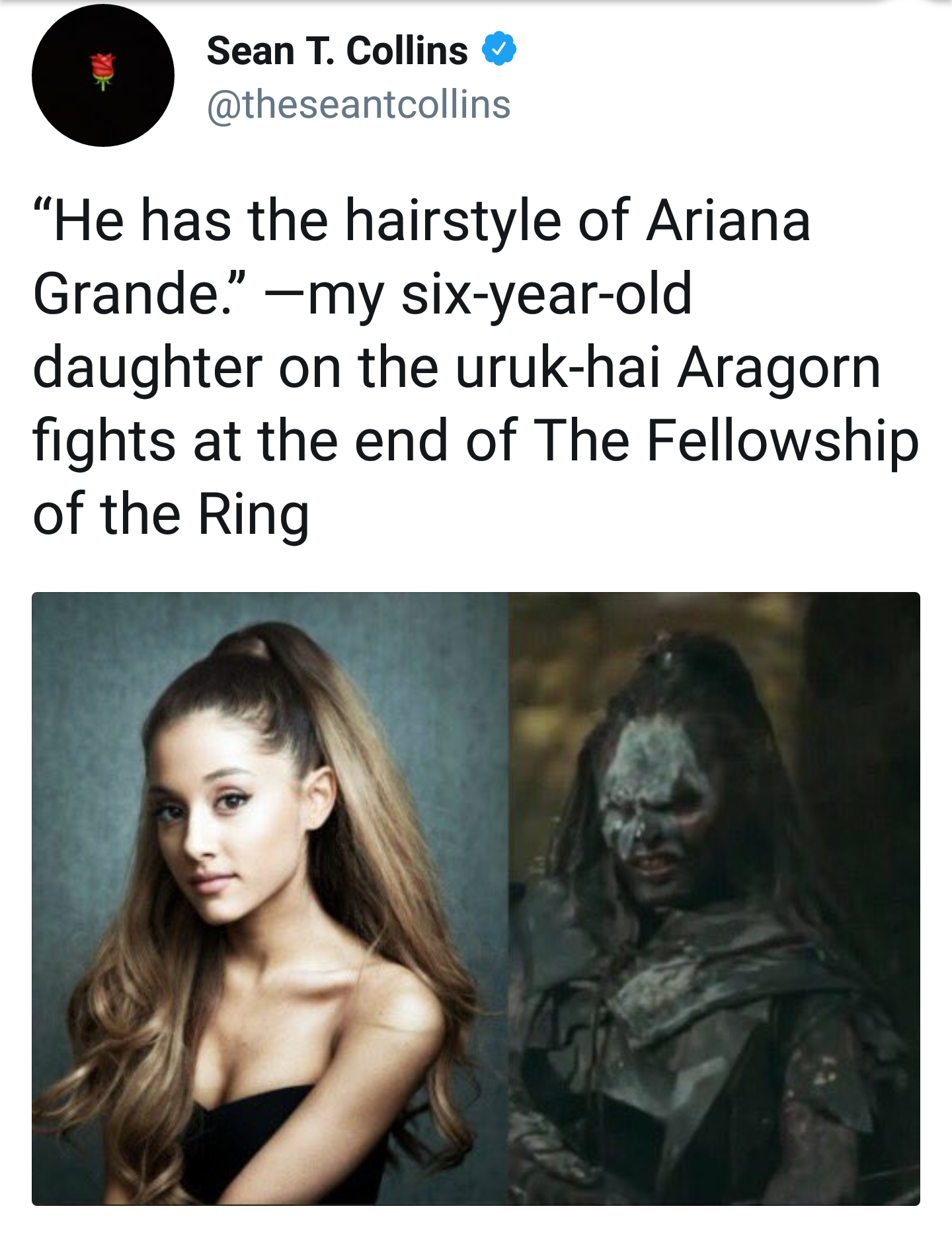 ariana grande uruk hai - Sean T. Collins "He has the hairstyle of Ariana Grande." my sixyearold daughter on the urukhai Aragorn fights at the end of The Fellowship of the Ring