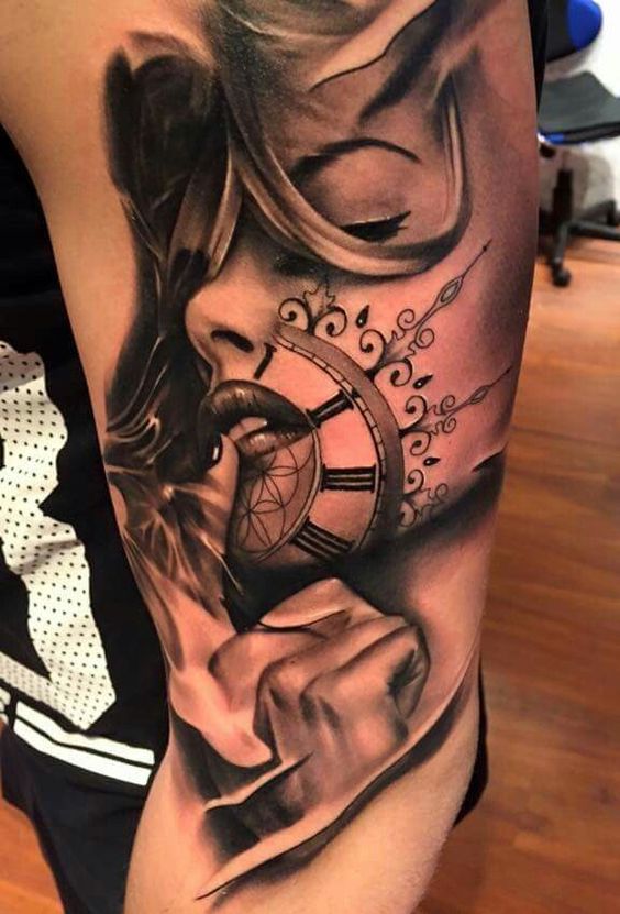 woman face clock tattoo