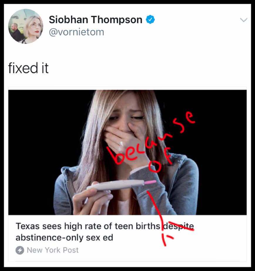 abstinence jokes - Siobhan Thompson fixed it because Texas sees high rate of teen births despite abstinenceonly sex ed New York Post