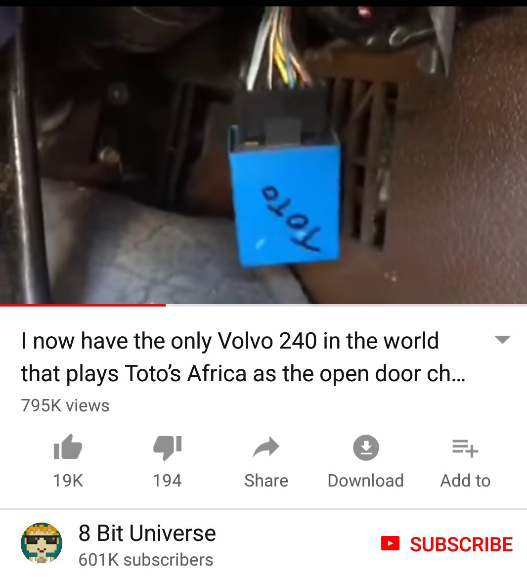 Toto - I now have the only Volvo 240 in the world that plays Toto's Africa as the open door ch... views 19K 194 Download Add to 8 Bit Universe subscribers Subscribe